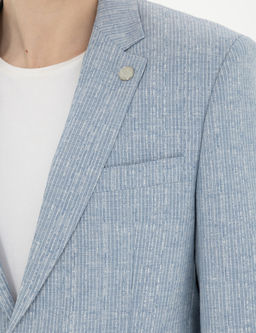 A__k Mavi Slim Fit Keten Kar___ml_ _izgili Tak_m Elbise
