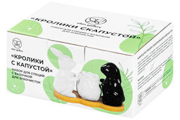 Набор д/специй 3 пр. 14*6*9,5 см Кролики с капустой на дер. подставке+зубочистки,бел/черн - Elan gallery фото 6