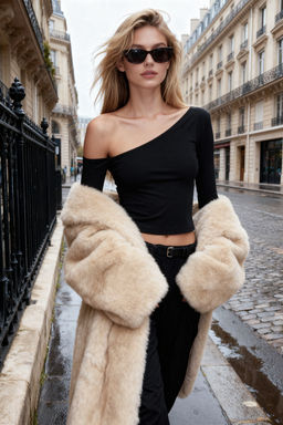 Siyah Tek Omuz Pamuklu Esnek Fitted/Vucuda Oturan Crop Orme Bluz TWOAW24BZ00099