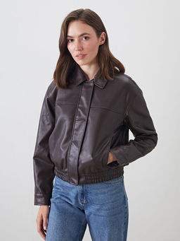 G?mlek Yaka Kad?n Deri G?r?n?ml? Ceket