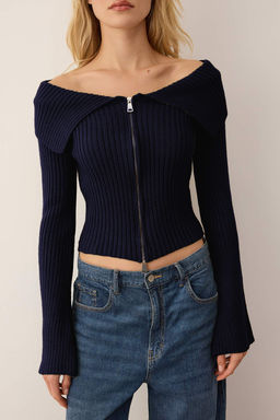 Lacivert Devrik Yaka Cift Fermuarl? Triko H?rka TWOAW26HI00282