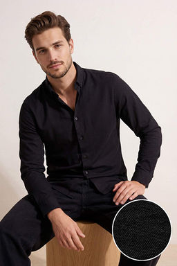 Siyah Normal Kal_p/Regular Fit Keten G_r_n_ml_ Mevsimlik Erkek Dokuma G_mlek TMNSS26GO00008