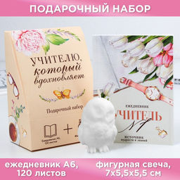 Подарочный набор, ежедневник А6, 120 л., фигурная свеча Учителю, который вдохновляет