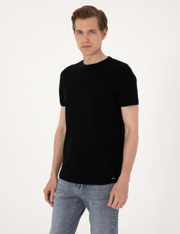 Siyah Slim Fit Keten Kar___ml_ Bisiklet Yaka Triko Ti__rt