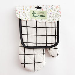 Кухонный набор Доляна Клетка цв.белый, прихватка 17*17 см, рукавица 26*16 см,100% п/э  фото 4