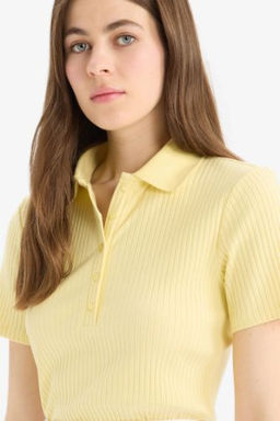 Slim Fit Dar Kesim Fitilli Kaskorse K?sa Kollu Polo Tisort