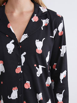 G?mlek Yaka Bask?l? Kad?n Pijama Tak?m?