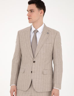 Bej Slim Fit Y_n Keten Kar___ml_ _izgili Tak_m Elbise