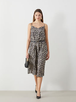 V Yaka Leopar Desenli Ask?l? Elbise