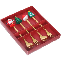Набор для десерта "Дед Мороз и Ёлка" 4предмета (2ложки+2вилки) в подарочной коробке,золото