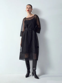 Платье миди из шифона с поясом - Emka фото 2