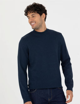 Lacivert Melanj Slim Fit Yar_m Bal_k__ Yaka Basic Triko Kazak
