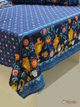 Рогожка Самовары по кайме цв.синий, ш.1.5м, хлопок-100%, 160гр/м.кв