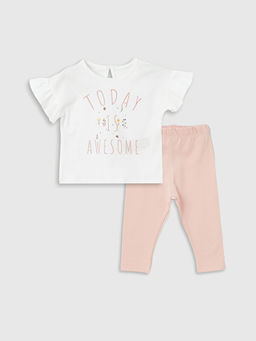 Bisiklet Yaka Bask?l? Pamuklu K?z Bebek Bluz ve Tayt 2li Tak?m