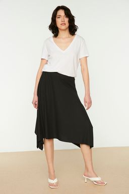 Siyah Volanl? Asimetrik Yuksek Bel Midi Esnek Orme Etek TWOAW20ET0440