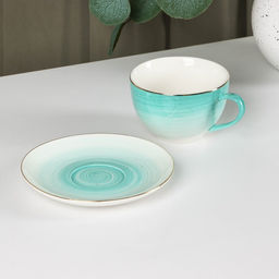 Чайная пара Доляна Млечный путь, 2 предмета: чашка 220 мл, блюдце d=13.5 см, фарфор, бирюзовая