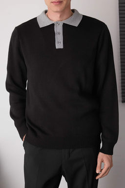 Siyah Regular Polo Yaka Renk Bloklu Kazak TMNAW26KZ00008 - Trendyolmilla фото 6