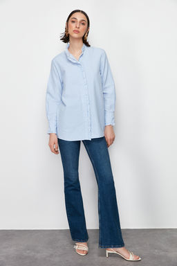 TRENDYOLMILLA Mavi Cizgili Pat? ve Yakas? F?rf?r Detayl? Dokuma Gomlek TWOSS24GO00083  фото 3