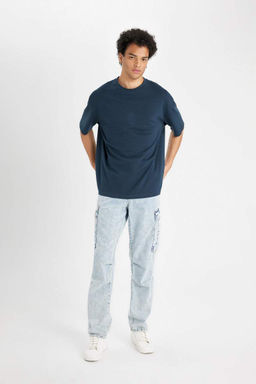 Мужская темно-синяя базовая футболка оверсайз с широким вырезом и круглым вырезом из плотной ткани с короткими рукавами - Defacto фото 2