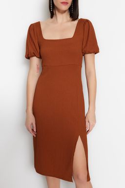 TRENDYOLMILLA Siyah Kare Yaka Balon Kol A-Line Y?rtmac Detayl? Burumcuk/Dokulu Midi Orme Elbise TWOSS23EL01533  фото 14