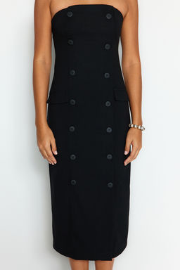 Siyah Duz Kesim Dugme Detayl? Straplez Midi Dokuma Elbise TWOAW24EL00418 - Trendyolmilla фото 10