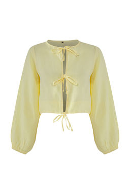 TRENDYOLMILLA Sar? Dokuma %100 Keten Baglamal? Balon Kollu Plaj Gomlek TBESS25GO00016 фото 13