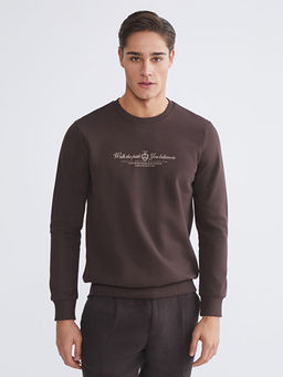 Standart Kal?p Bisiklet Yaka Bask?l? Erkek Kal?n Sweatshirt