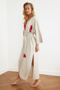 Bej Kusakl? Maxi Dokuma Nak?sl? Keten Kar?s?ml? Plaj Kimono&Kaftan TBESS20KM0051 - Trendyolmilla фото 3