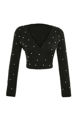 Siyah Super Crop Tuylu/Sakal Iplikli Inci Detayl? Triko Kazak TWOAW24KZ00228 - Trendyolmilla фото 5