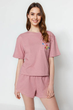 Trendyolmilla Pembe %100 Pamuklu Slogan Bask?l? Sortlu Orme Pijama Tak?m? THMSS23PT00173