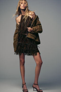 SHIMMERING FAUX SUEDE FRINGED SKIRT