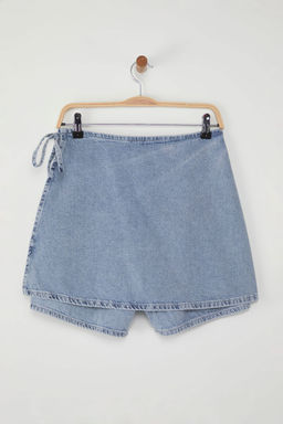 TRENDYOLMILLA Mavi Kruvaze Baglama Detayl? Denim Sort Etek TWOSS25SR00111  фото 7