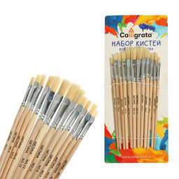 Набор кистей для рисования, щетина, 12 штук: № 1, 2, 3, 4, 5, 6, 7, 8, 9, 10, 11, 12, плоские, деревянная ручка, международный размер