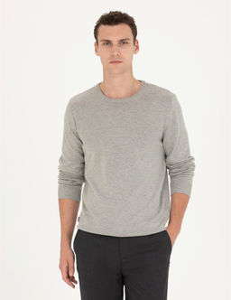 A__k Gri Melanj Slim Fit Bisiklet Yaka Basic Triko Kazak