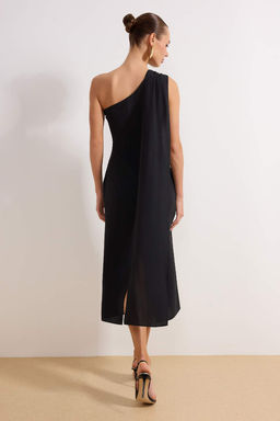 Siyah Duz Aksesuar Detayl? Dokuma Krep Midi Astarl? S?k/Gece Elbise