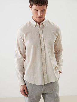 Regular Fit Uzun Kollu Keten Kar???ml? Erkek G?mlek