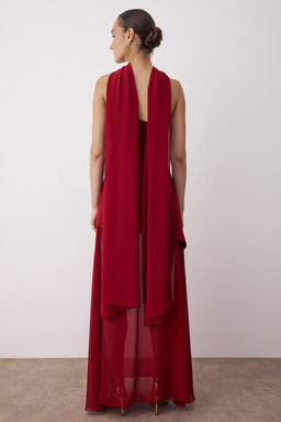 K?rm?z? Sal Detayl? Dokuma Maxi Abiye & Mezuniyet Elbisesi TPRSS25AE00188