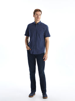 Regular Fit K?sa Kollu Keten G?r?n?ml? Erkek G?mlek