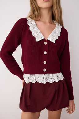 Bordo Crop Gomlek Garnili Detayl? V Yaka Triko H?rka TWOAW24HI00221