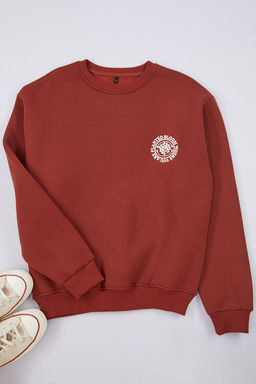 TRENDYOL MAN Kahverengi Oversize/Genis Kesim Cicek Nak?s Ici Polar/S?cak Tutan Pamuk Sweatshirt TMNAW24SW00012 - Trendyolmilla фото 9