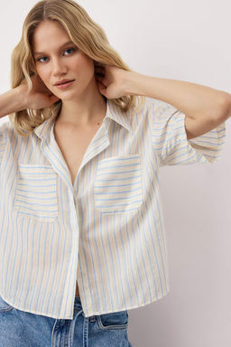 Ekru Yumusak Tuseli Cizgili K?sa Kollu Gomlek TWOAW26GO00076