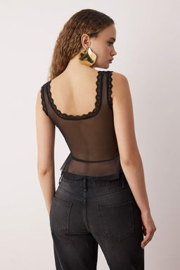 Siyah Astars?z Tul Dantel Seritli Buzgu Detayl? Tul Party Bluz TPRSS25BZ00052 - Trendyolmilla фото 4