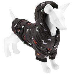 Пэт тойс (Pet toys) Одежда для собаки Куртка с капюшоном, с метал. кольцом, с принтом, на кнопках, р-р S, длина спинки 18см/обхват груди 30см/обхват шеи 26см, цвет-черный, плащевка/синтепон/флис (100% полиэстер) (Китай)
