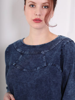 Платье джинсовое прямое миди с укороченным рукавом - Almond фото 5