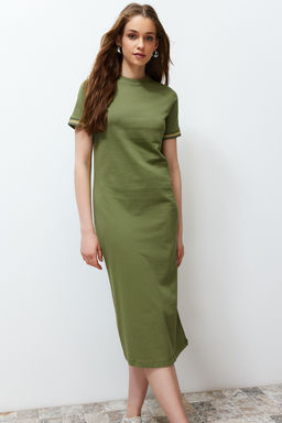 TRENDYOLMILLA Lacivert Triko Bant Detayl? Bisiklet Yaka K?sa Kol Esnek Midi Orme Maxi Elbise TWOSS24EL00121  фото 14