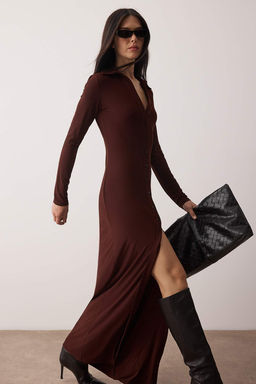 Limited Edition Lacivert Polo Yaka Dugmeli Bodycone/Vucuda Oturan Maxi Orme Elbise TWOAW26EL00110 - Trendyolmilla фото 8