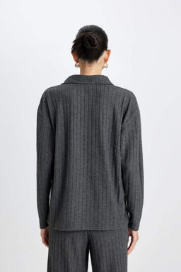 Женская антрацитовая повседневная футболка с воротником поло в рубчик и длинными рукавами - Defacto фото 6