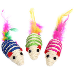 Цена за 6 шт. Игрушка - мышка для кошек "ЦЕПКИЕ ЛАПКИ", канатная с пёрышками, микс 3 цвета, 7*3,5см (пакет с хедером)