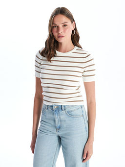 Bisiklet Yaka ?izgili K?sa Kollu Kad?n Triko Kazak