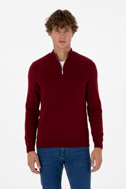 Erkek Slim Fit Yar_m Fermuarl_ Bordo Basic Kazak